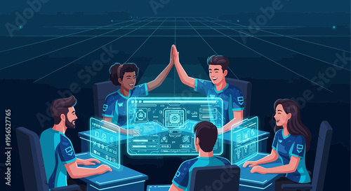 Team collaboration in a futuristic digital workspace fosters innovation and success