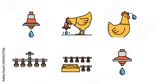 A vibrant and detailed vector set showcasing chickens interacting with various water supply and feeding elements, all rendered in a clean, modern, and outline-based graphic style, suitable f