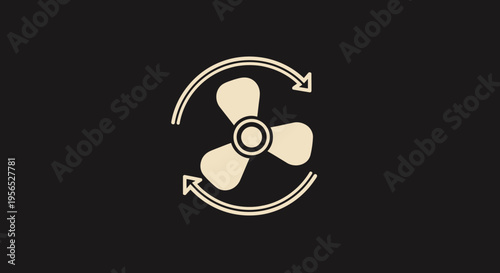 Minimalist cream-colored rotating fan symbol with curved arrows against a stark black background, representing air circulation and cooling, suitable for design and tech concepts.