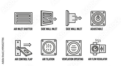 Set of eight minimalist vector line art icons depicting various HVAC elements including air intake shutters, side wall inlets with directional arrows, adjustable ventilation, air control fla