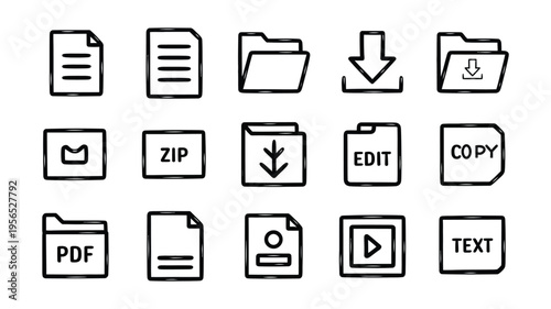 Minimal File Format Icons Set – Line Style Document, Folder, PDF, Copy, Edit Symbols for Web & App UI