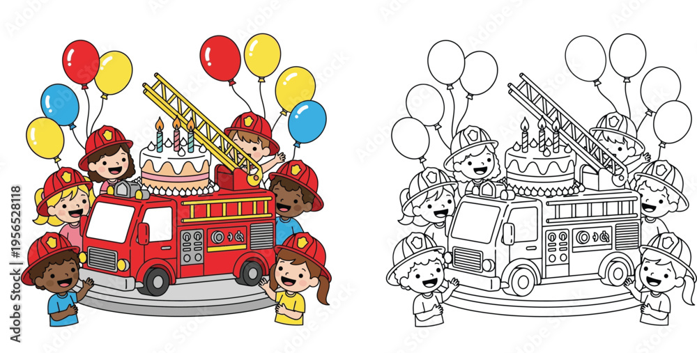 Naklejka premium Children Celebrating Firefighter Theme Birthday with Fire Truck Cake and Balloons, Colored and Line Art Versions for Coloring Book Page