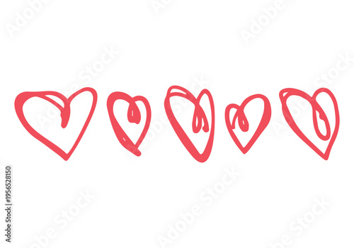 Set of five stylized red hearts, hand-drawn in doodle style on a white background. Each heart has a unique shape with dynamic loops and careless strokes that mimic the drawing with a marker or brush