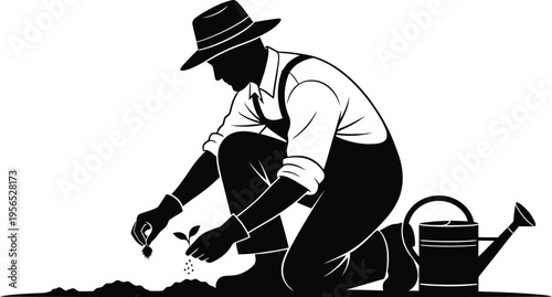 A man planting seeds in the ground with a watering can