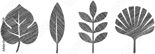 Vector leaves collection, embroidered scribble style, black and white
