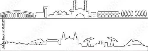 Architectural heritage and landscape silhouettes featuring historical bridges and religious sites