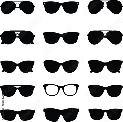 A collection of various sunglasses on a white background