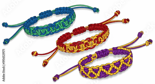 Colorful woven cord bracelets in blue green red yellow and purple on white background