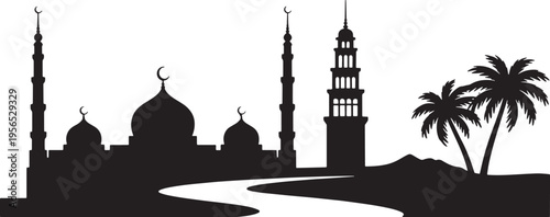 Islamic architecture silhouette with mosque domes minarets and palm trees on transparent background