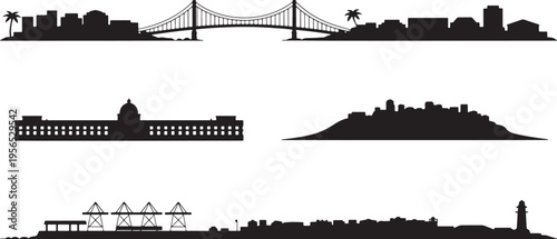 Modern city skyline silhouettes featuring bridge port cranes and seaside architecture vector art