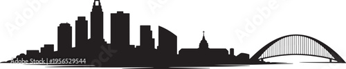 Modern city skyline silhouette with bridge and skyscrapers on transparent background for web design