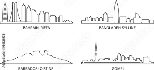 Modern line art vector skylines set including bahrain riffa bangladesh sylline barbados oistins and gomel city.
