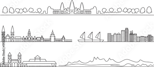 Panoramic city horizons and ancient temple complexes in thin line vector art for travel designs