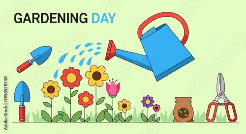 Colorful gardening tools and flowers on green background with watering can pruners and seeds for planting and growth