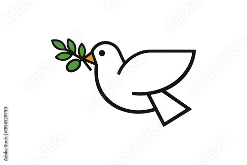 Minimalist vector illustration of a white dove carrying a green olive branch as a symbol of peace Vector
