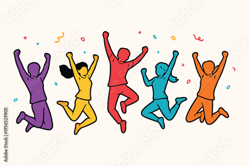 A group of happy diverse people jumping for joy in a colorful illustration on a light background Vector