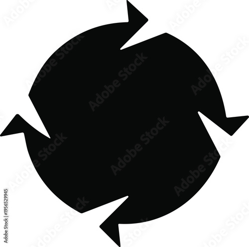 Circular motion icon with four outward arrows in black silhouette for rotation, process flow, and system design content