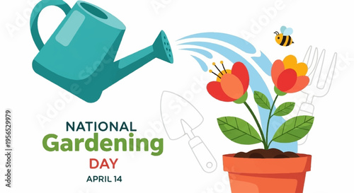 National gardening day illustration with watering can potted flowers and bee on white background