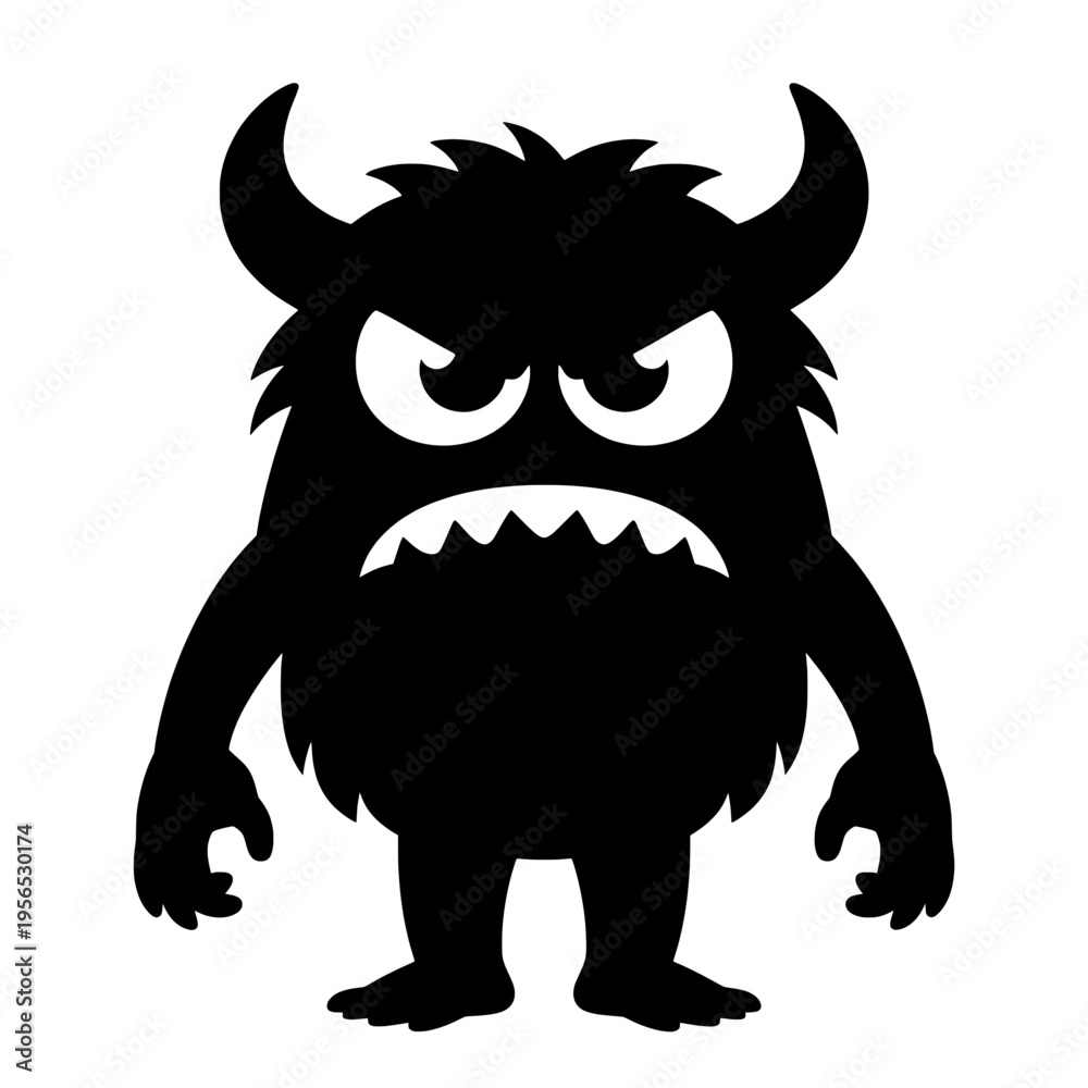 Fototapeta premium Angry Black Monster Silhouette Vector Illustration with Horns and Sharp Teeth Isolated on White Background for Design