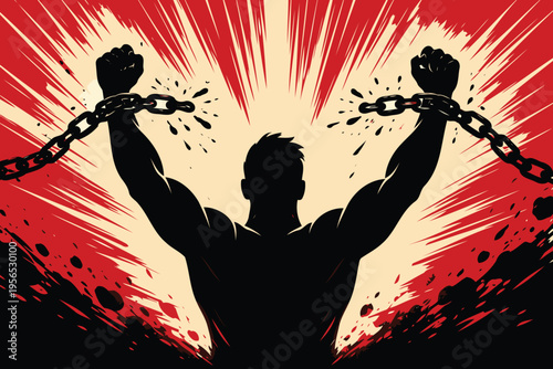 A powerful silhouette of a muscular man breaking free from his heavy metal chains in triumph Vector