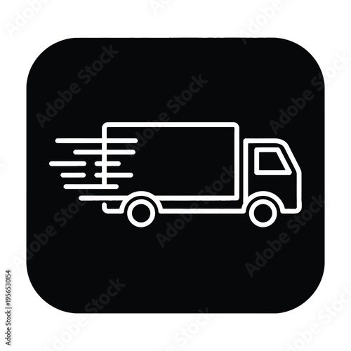 Fast delivery truck icon with motion lines on black background