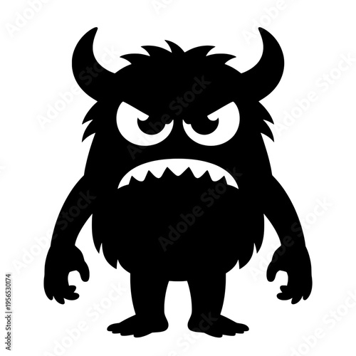 Angry Black Monster Silhouette Vector Illustration with Horns and Sharp Teeth Isolated on White Background for Design