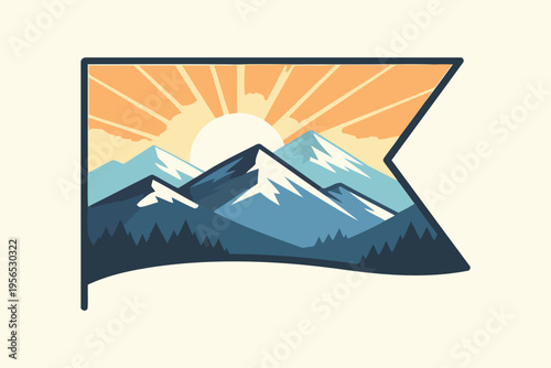 A minimalist vector illustration of a mountain landscape featuring a sunrise within a flag shape Vector
