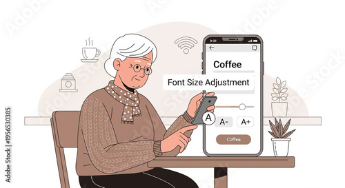 Senior woman using font size adjustment app with coffee themed interface on her smartphone