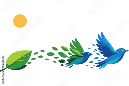 A conceptual illustration of a green leaf transforming into a blue bird under a bright yellow sun Vector