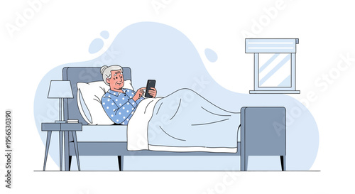 Senior woman using mobile phone in bed late at night, enjoying modern technology comfort and