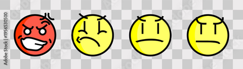 Yellow smiley face. Unpleasant and angry. Unhappy emoji. On transparent background.