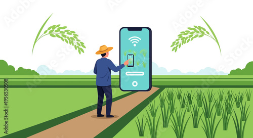 Smart agriculture concept: Farmer using mobile app for crop monitoring and management in rice fields