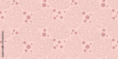 Seamless Easter pattern with decorative eggs featuring swirls and curls in soft pink tones. Light background design ideal for fabric, wrapping, and seasonal prints.