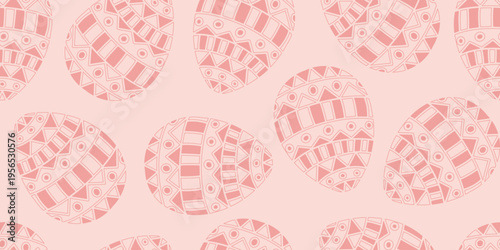 Seamless pattern with stylized Easter eggs in random layout. Each egg features unique geometric and ethnic motifs, ideal for textile, wrapping, and decorative design.
