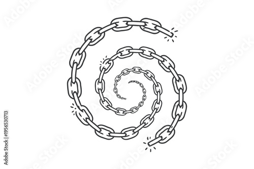 A detailed hand drawn illustration of a long metal chain forming a spiral shape on white background Vector