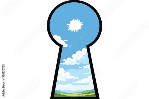A conceptual illustration of a bright sunny landscape viewed through a classic black keyhole shape Vector