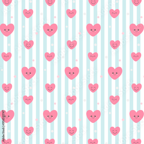 Cute smiling pink hearts and dots on pastel blue and white stripes seamless pattern.Adorable abstract vector background.