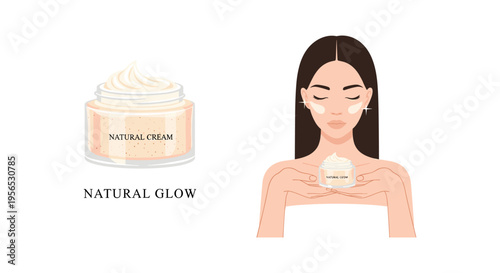 Woman applying natural cream for glowing skin in soft warm lighting for skincare advertising