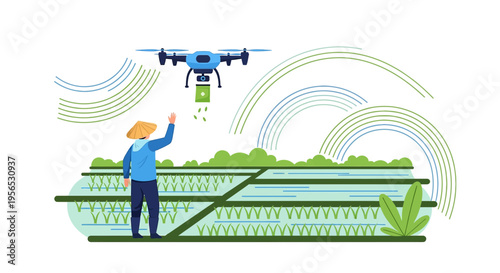 Smart farming illustration depicting a farmer using a drone for precision agriculture with rice