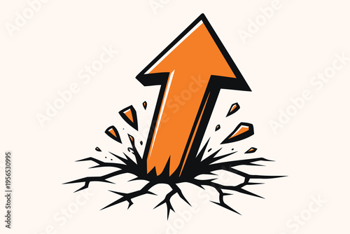 An orange arrow symbol bursting through a cracked surface representing growth and breakthrough success Vector