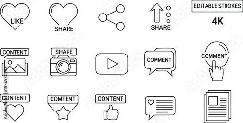 Flat design social media engagement icons set with editable strokes in 4K resolution