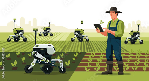 Smart farming revolution farmer leveraging agricultural robots and tablet technology for precision