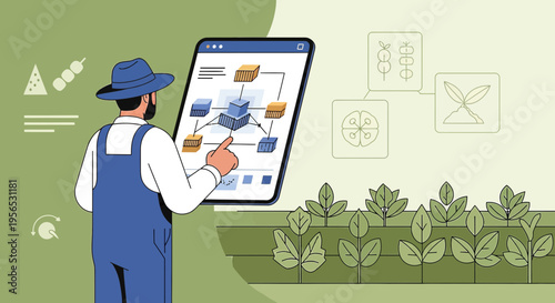 Smart farming with advanced data analysis and modern farmer managing crops with technology interface