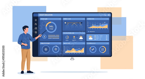 Smart irrigation system dashboard with presenter showcasing water management data analysis