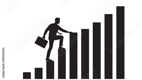 Silhouette of a businessman with a briefcase climbing a rising bar chart representing career growth and financial success.