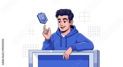 Smiling young developer presenting a new achievement badge with a laptop interface