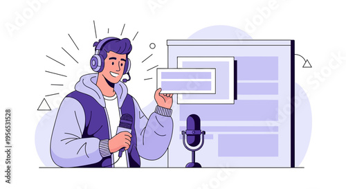 Smiling podcast presenter enthusiastically sharing ideas with microphone and interface screen