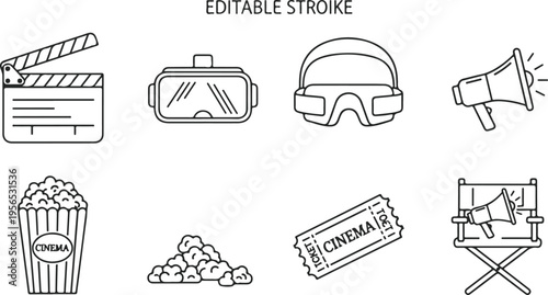Editable vector icons of cinema and movie theater snacks and equipment set on white background