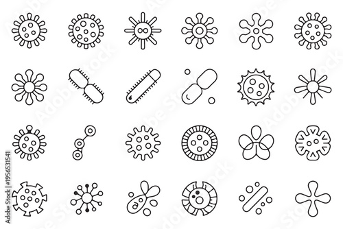Microbiology Line Icon Set of Viruses and Bacteria