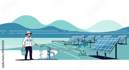 Solar panel cleaning with renewable water resources illustration showcases sustainability and eco